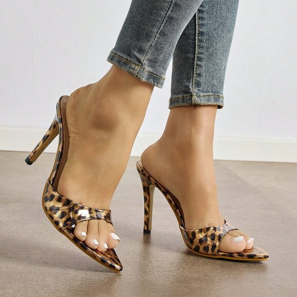 metallic Women's High Heel Leopard Print Gold Mule Shoes - Picture 3 of 7